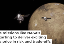 This artist’s rendering shows the ESCAPADE probes near Mars. NASA